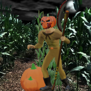 Pumpkin-headed man holding an executioner's axe in a corn field
