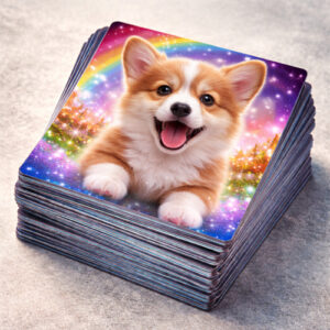 Image of stack of wallet sized lenticular stickers with dog as the image