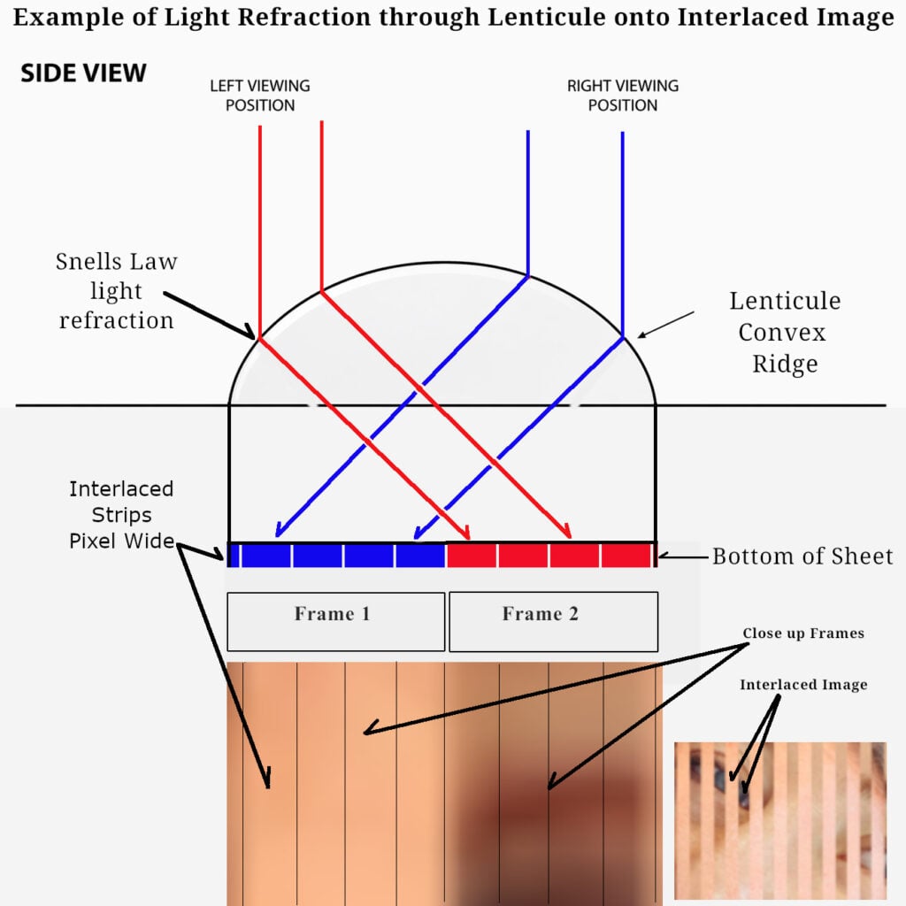 Diagram depicting how light travels through a lenticule and onto an interlaced image